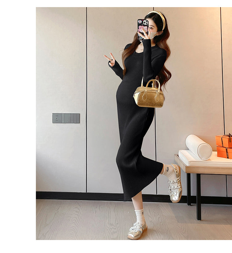 Autumn Winter Maternity Basic Dress, Slim Stretch Sweater Dress for Pregnant Women, Long Sleeve O-Neck Inner Dress