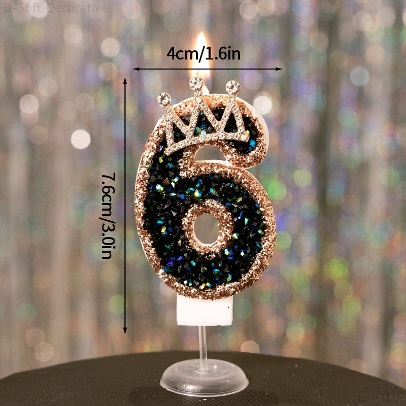 Luxury Black Diamond Crown Candle Number, Happy Birthday Cake Candles & Stylish Cake Topper Decoration for Wedding