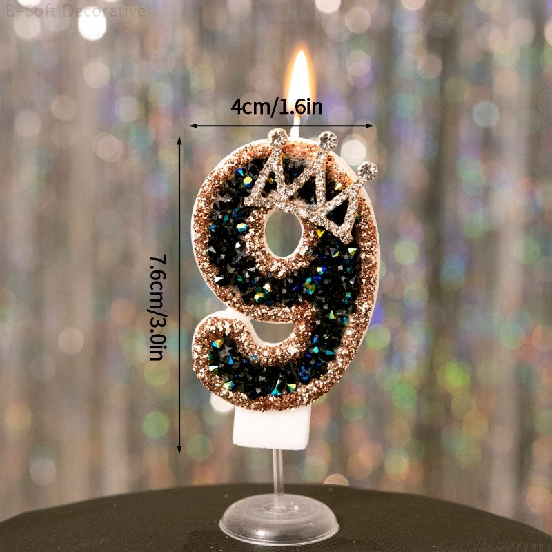 Luxury Black Diamond Crown Candle Number, Happy Birthday Cake Candles & Stylish Cake Topper Decoration for Wedding