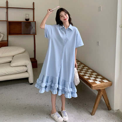 Korean Style Maternity Dress, French Sweet Loose Summer Dress for Pregnant Women, Plus Size Casual Mid-Length Dress