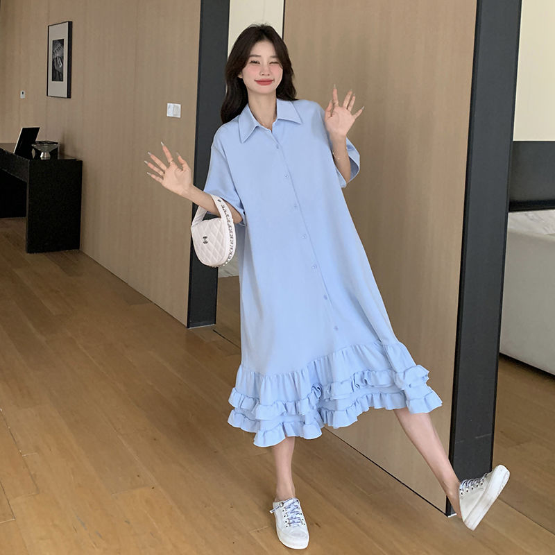 Korean Style Maternity Dress, French Sweet Loose Summer Dress for Pregnant Women, Plus Size Casual Mid-Length Dress