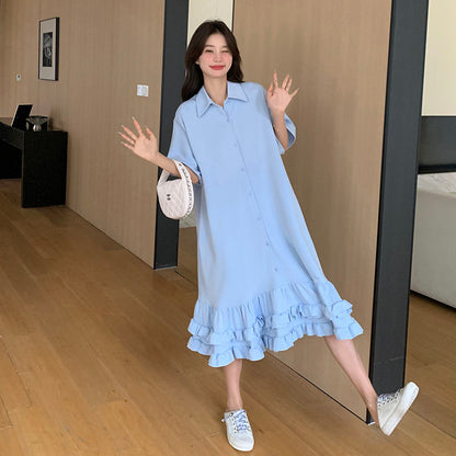 Korean Style Maternity Dress, French Sweet Loose Summer Dress for Pregnant Women, Plus Size Casual Mid-Length Dress
