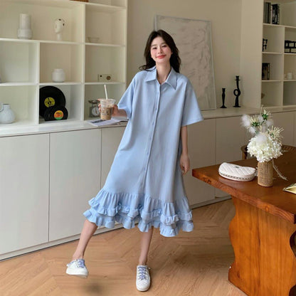 Korean Style Maternity Dress, French Sweet Loose Summer Dress for Pregnant Women, Plus Size Casual Mid-Length Dress