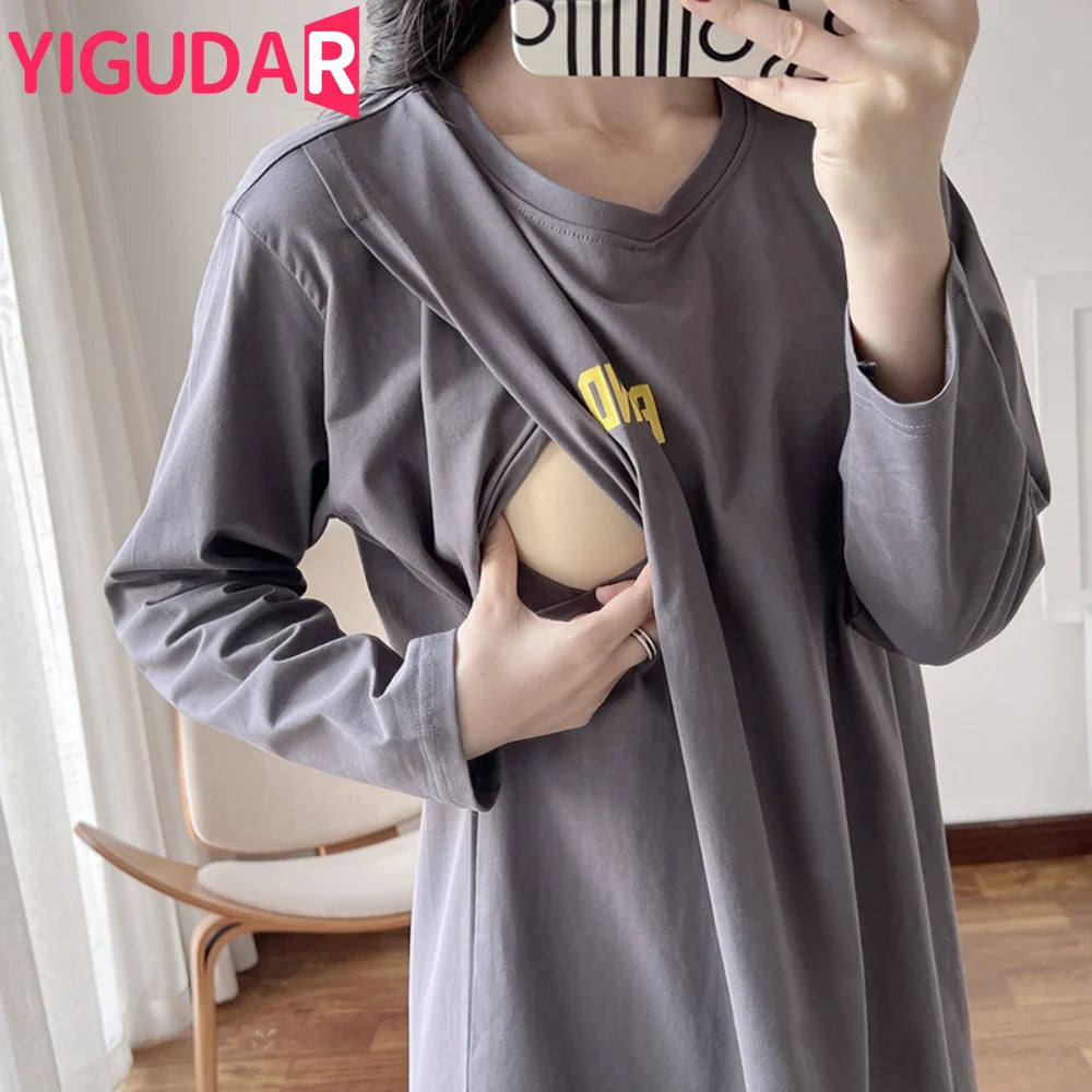 Casual Print Women's Long Sleeve Maternity Dress, Nursing & Breastfeeding Tops, Loose Pregnancy Shirt Dress