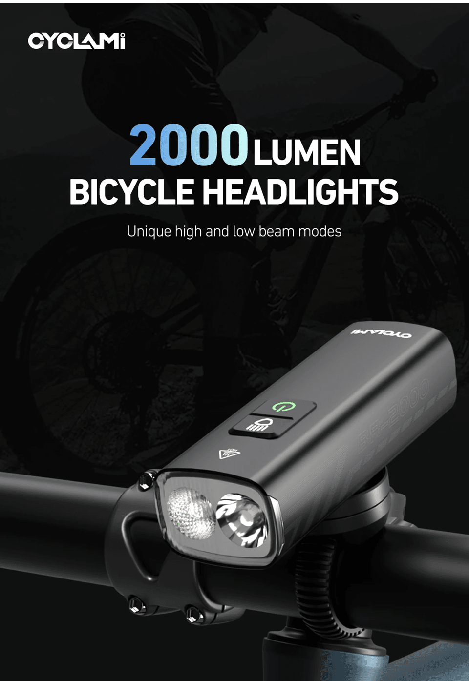 Cyclami 2000 Lumens Bike Headlight USB Rechargeable Front Bicycle Light with Aluminum Alloy Body