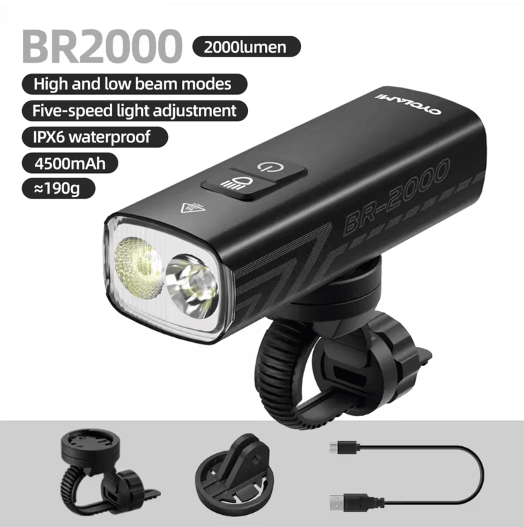 Cyclami 2000 Lumens Bike Headlight USB Rechargeable Front Bicycle Light With Aluminum Alloy Body 3