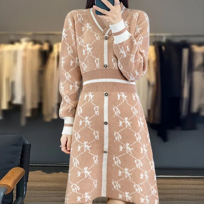 Elegant Autumn And Winter V-Neck Cashmere Dress for Women, Pure Wool Long Knitted Sweater Skirt with Waist Definition