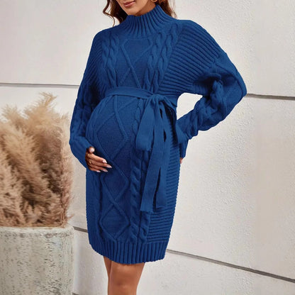 Maternity Photoshoot Dress, Pregnancy Knitted Sweater Dress with High Neck, Long Sleeves for Autumn Winter Warm Clothing