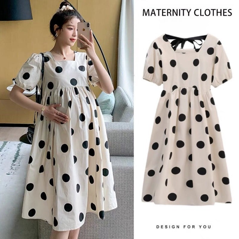 Maternity Fashion Summer Dress, High-End Fresh Dotty Skirt for Outdoors, Loose-Fit Pregnancy Clothes