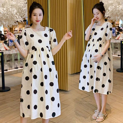 Maternity Fashion Summer Dress, High-End Fresh Dotty Skirt for Outdoors, Loose-Fit Pregnancy Clothes