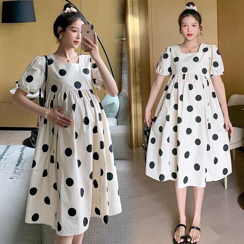 Maternity Fashion Summer Dress, High-End Fresh Dotty Skirt for Outdoors, Loose-Fit Pregnancy Clothes