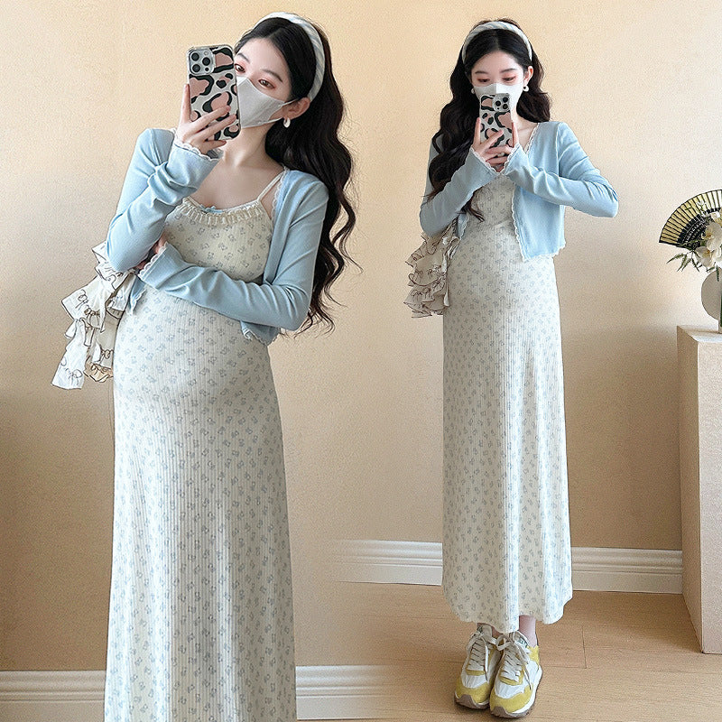 Pregnant Women's Temperament Wearing Spring Clothes, Pure Cotton Camisole Dress, Blue Cardigan Two-Piece Set