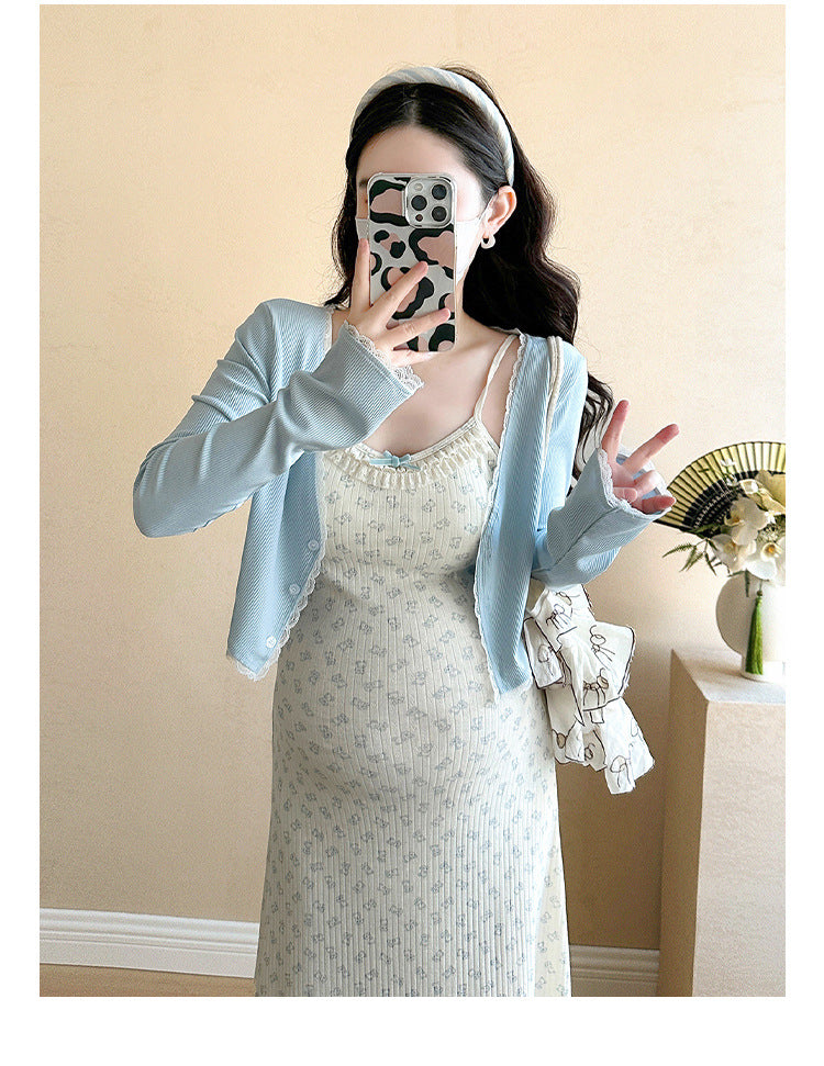 Pregnant Women's Temperament Wearing Spring Clothes, Pure Cotton Camisole Dress, Blue Cardigan Two-Piece Set