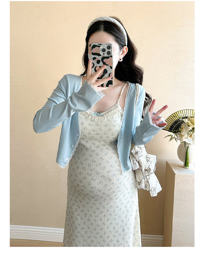 Pregnant Women's Temperament Wearing Spring Clothes, Pure Cotton Camisole Dress, Blue Cardigan Two-Piece Set
