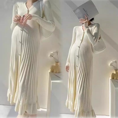 Autumn Winter Maternity Dress, V-Neck Knitted Long Dress for Pregnancy with Fishtail Pleated Hem, Single-Breasted Design