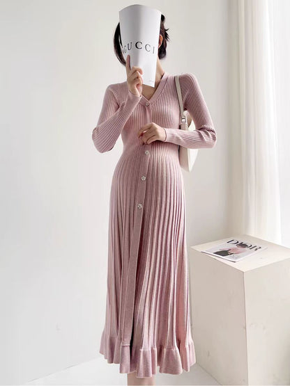 Autumn Winter Maternity Dress, V-Neck Knitted Long Dress for Pregnancy with Fishtail Pleated Hem, Single-Breasted Design