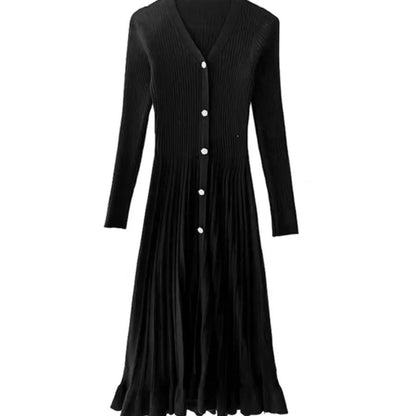 Autumn Winter Maternity Dress, V-Neck Knitted Long Dress for Pregnancy with Fishtail Pleated Hem, Single-Breasted Design