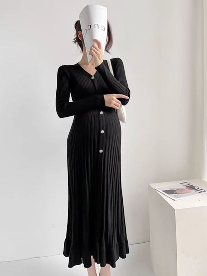 Autumn Winter Maternity Dress, V-Neck Knitted Long Dress for Pregnancy with Fishtail Pleated Hem, Single-Breasted Design