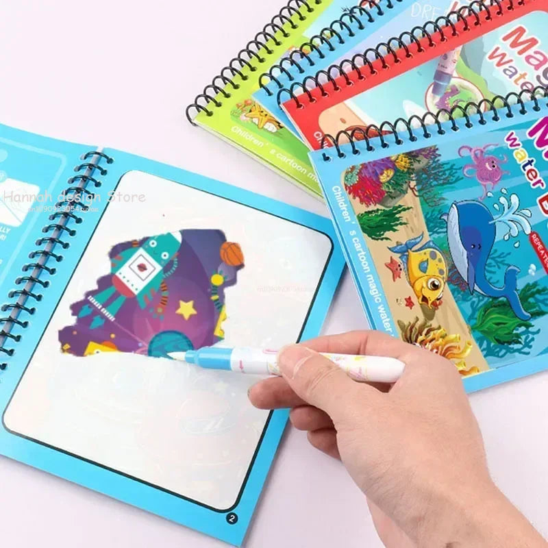 Reusable Magic Water Coloring Book for Kids DIY Sensory Drawing Toys with Water Pen, Mess Free Toddler Painting Activity