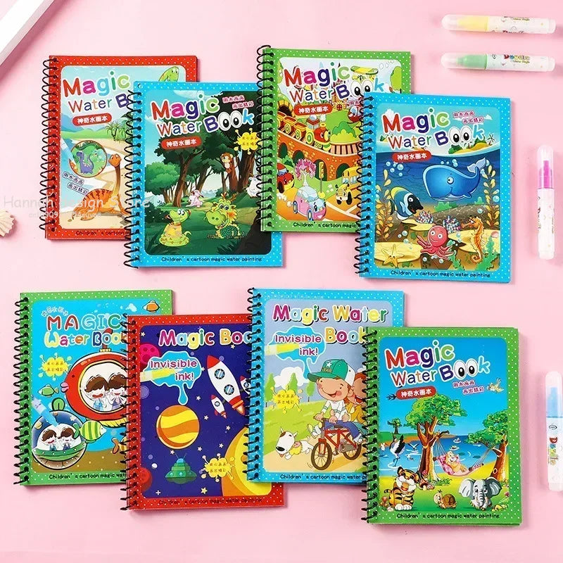 Reusable Magic Water Coloring Book for Kids DIY Sensory Drawing Toys with Water Pen, Mess Free Toddler Painting Activity