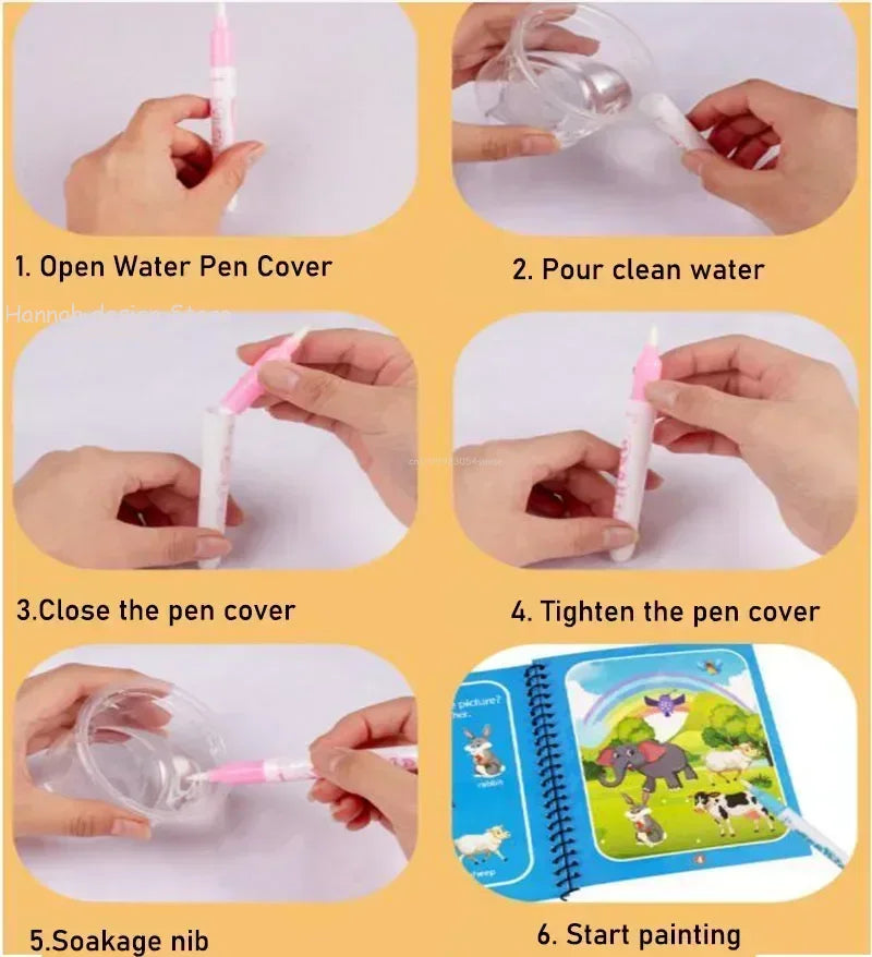 Reusable Magic Water Coloring Book for Kids DIY Sensory Drawing Toys with Water Pen, Mess Free Toddler Painting Activity