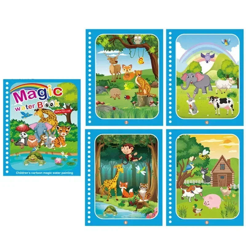 Reusable Magic Water Coloring Book for Kids DIY Sensory Drawing Toys with Water Pen, Mess Free Toddler Painting Activity