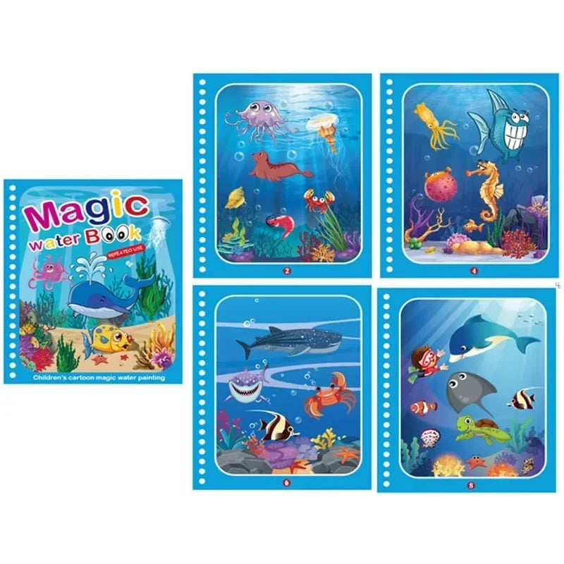 Reusable Magic Water Coloring Book for Kids DIY Sensory Drawing Toys with Water Pen, Mess Free Toddler Painting Activity