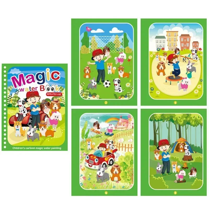 Reusable Magic Water Coloring Book for Kids DIY Sensory Drawing Toys with Water Pen, Mess Free Toddler Painting Activity