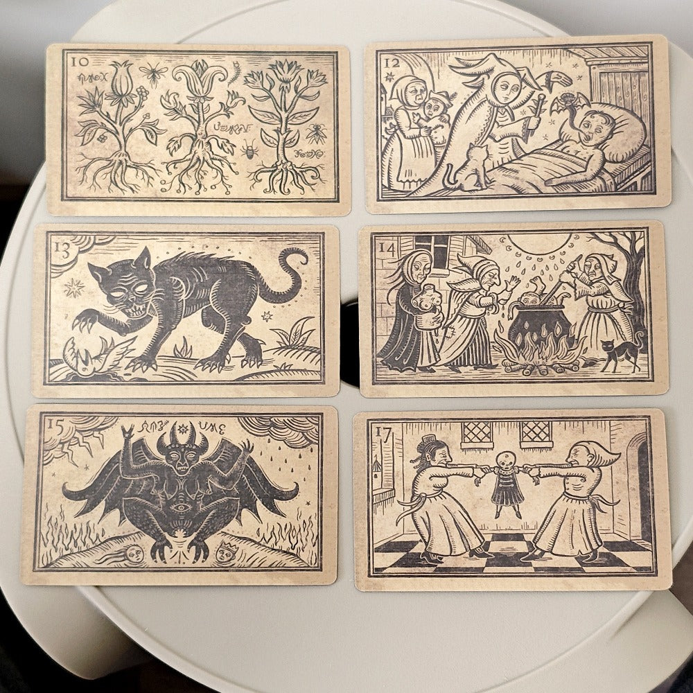 Oracle of Black Enchantment by Mildred Payne, Black Line Imagery Woodblock Oracle Cards Divination & Tarot Deck