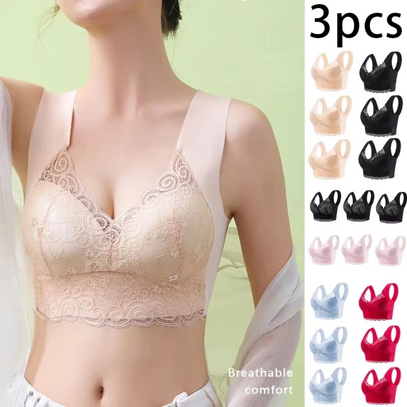 3-Pack Seamless Lace Bralette Tops | Comfortable Ice Silk Wireless Bra for Everyday Support