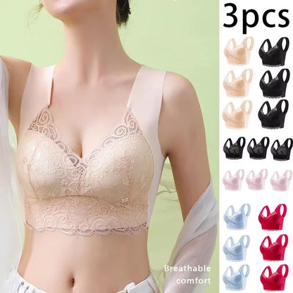 3-Pack Seamless Lace Bralette Tops | Comfortable Ice Silk Wireless Bra for Everyday Support