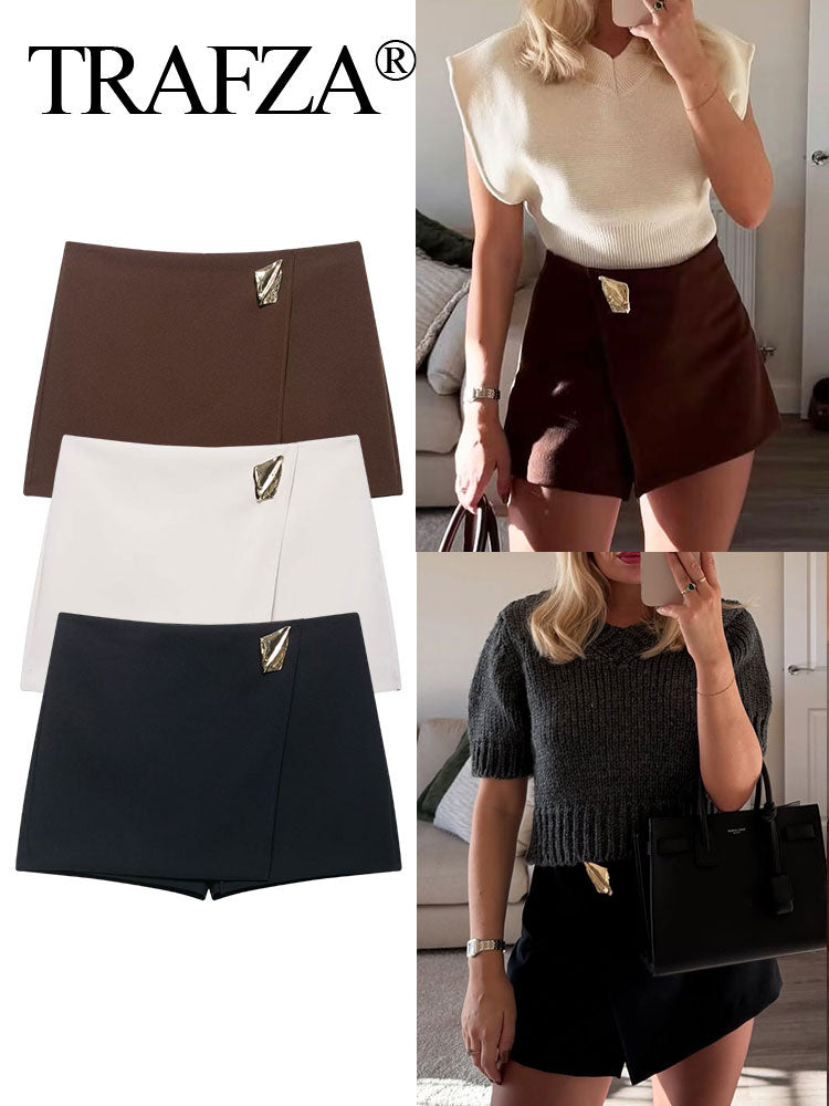 TRAFZA Women's Fashion Asymmetric Culottes, High Waist A Line Elegant Pantskirt with Metal Applique and Side Zipper