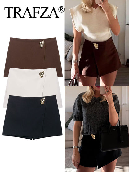 TRAFZA Women's Fashion Asymmetric Culottes, High Waist A Line Elegant Pantskirt with Metal Applique and Side Zipper