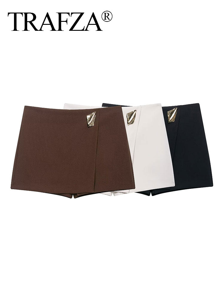 TRAFZA Women's Fashion Asymmetric Culottes, High Waist A Line Elegant Pantskirt with Metal Applique and Side Zipper