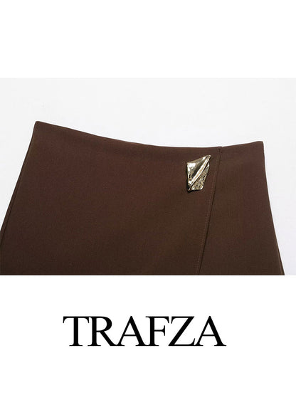 TRAFZA Women's Fashion Asymmetric Culottes, High Waist A Line Elegant Pantskirt with Metal Applique and Side Zipper