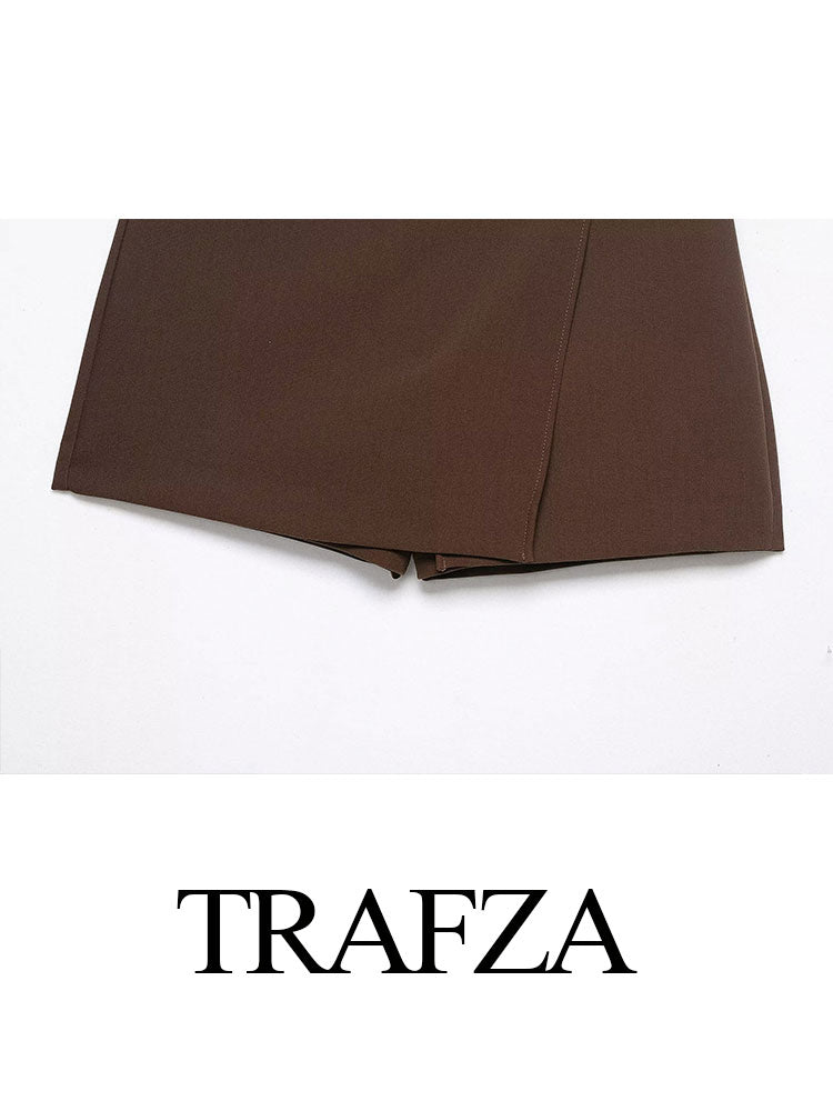 TRAFZA Women's Fashion Asymmetric Culottes, High Waist A Line Elegant Pantskirt with Metal Applique and Side Zipper