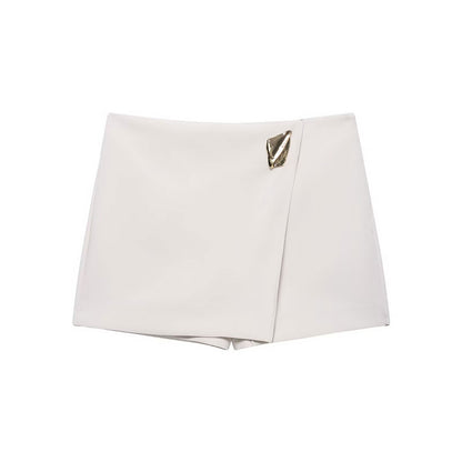 TRAFZA Women's Fashion Asymmetric Culottes, High Waist A Line Elegant Pantskirt with Metal Applique and Side Zipper