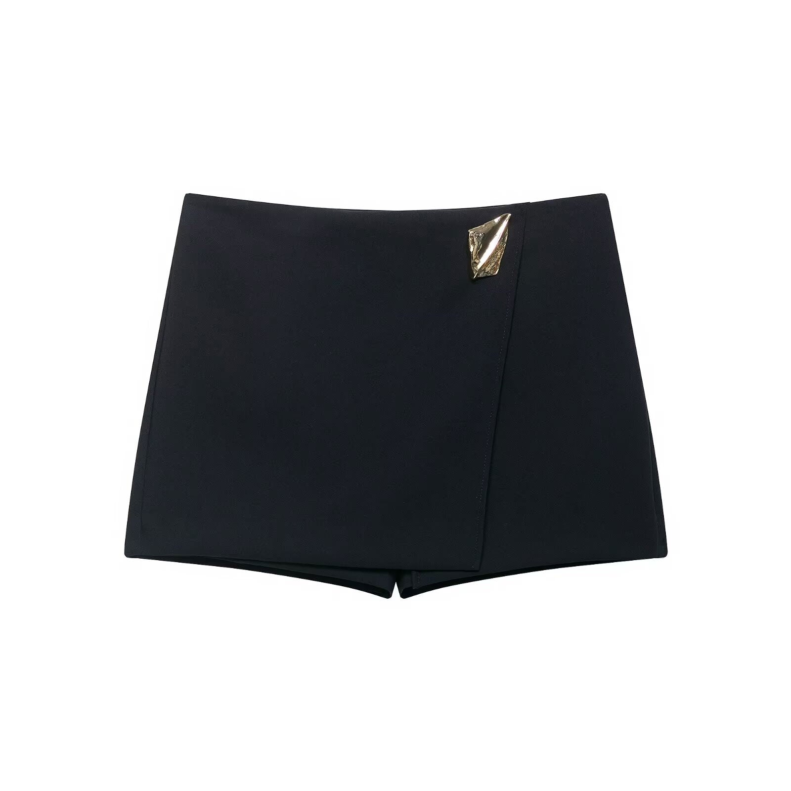 TRAFZA Women's Fashion Asymmetric Culottes, High Waist A Line Elegant Pantskirt with Metal Applique and Side Zipper