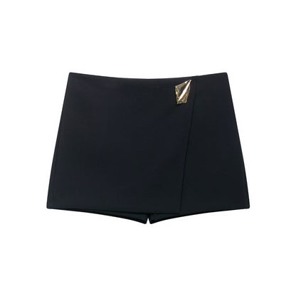 TRAFZA Women's Fashion Asymmetric Culottes, High Waist A Line Elegant Pantskirt with Metal Applique and Side Zipper