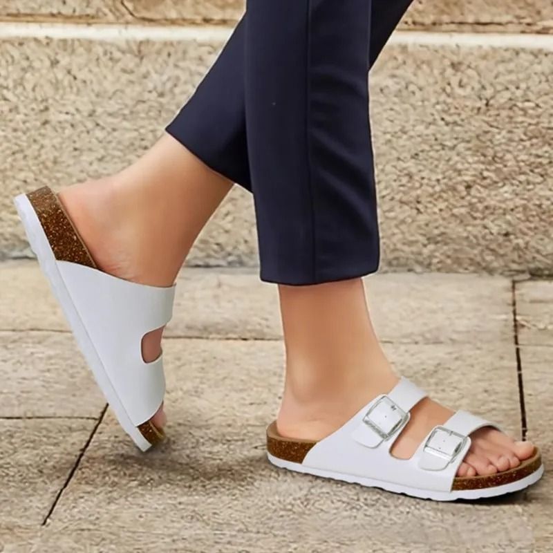 Comfort Cork Footbed Buckle Sandals Women Lightweight Leather Slides