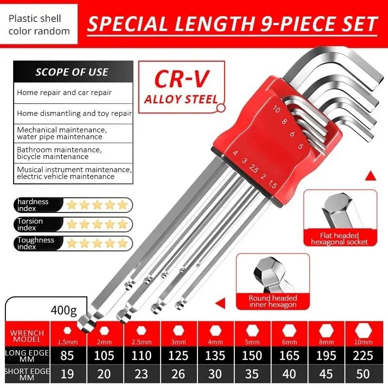 High Strength Hex Wrench Set Durable Hand Tool 9