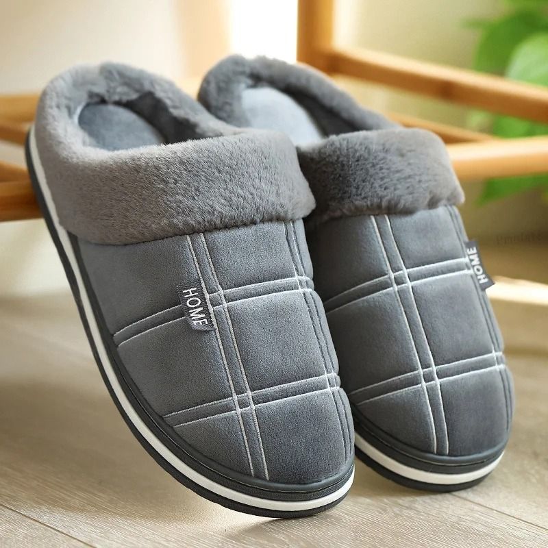 Plaid Memory Foam Winter Slippers with Warm Plush Lining for Men