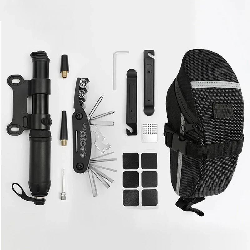 Portable Bicycle Repair Tools Kit with Pump, Saddle Bag, and Multi Functional Wrench