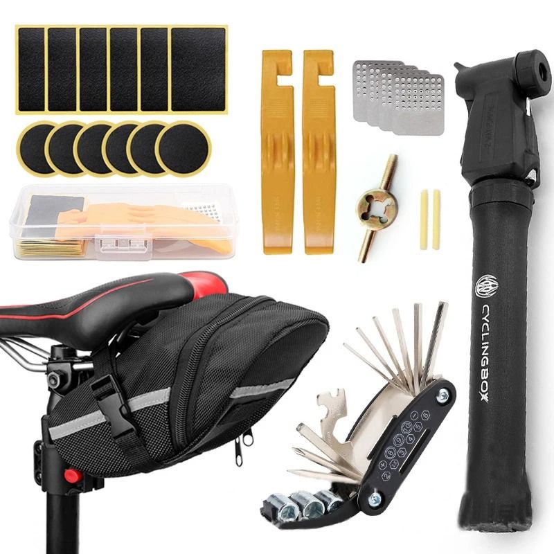 Portable Bicycle Repair Tools Kit With Pump Saddle Bag And Multi Functional Wrench 3