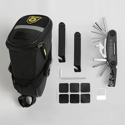Portable Bicycle Repair Tools Kit With Pump Saddle Bag And Multi Functional Wrench 7