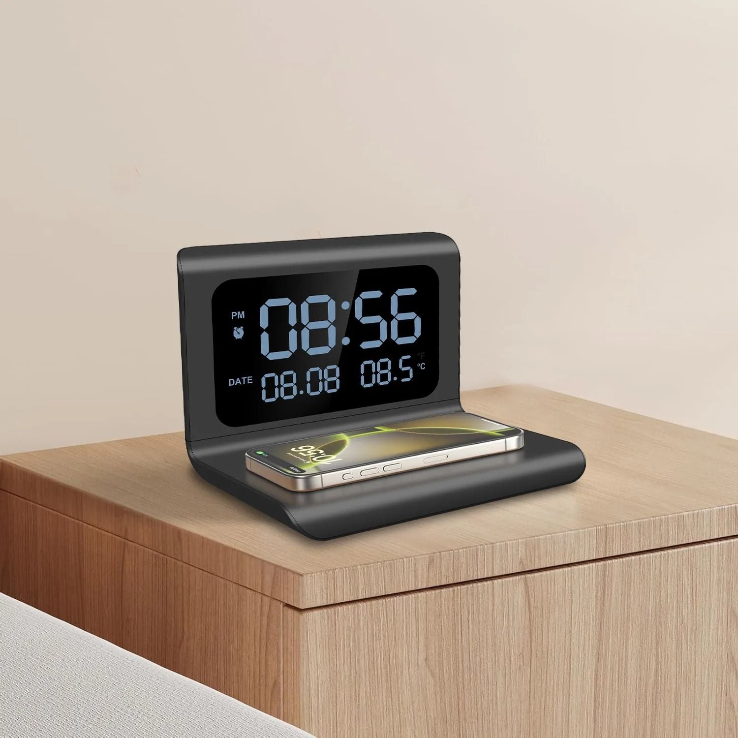 Wireless Charging Pad Stand with Alarm Clock and Thermometer