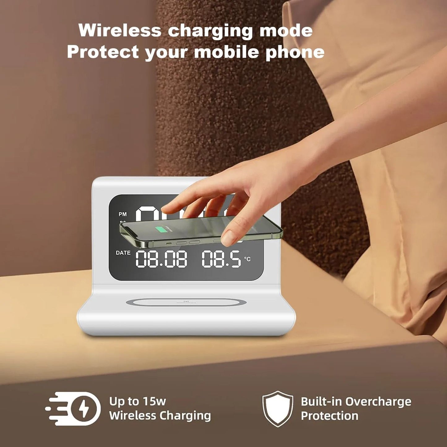 Wireless Charging Pad Stand With Alarm Clock And Thermometer 4