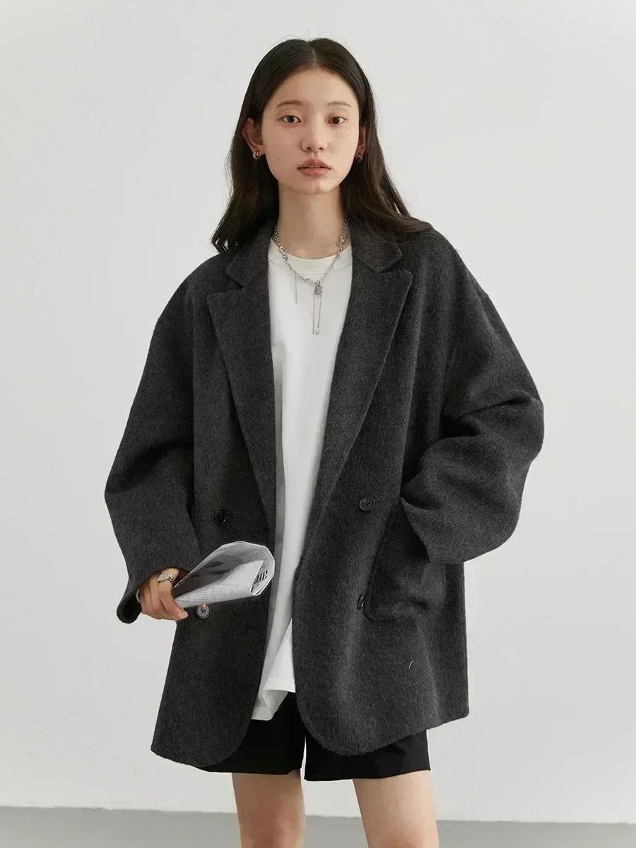 Womens Woolen Double Breasted Coat Loose Fit Retro Style Outerwear