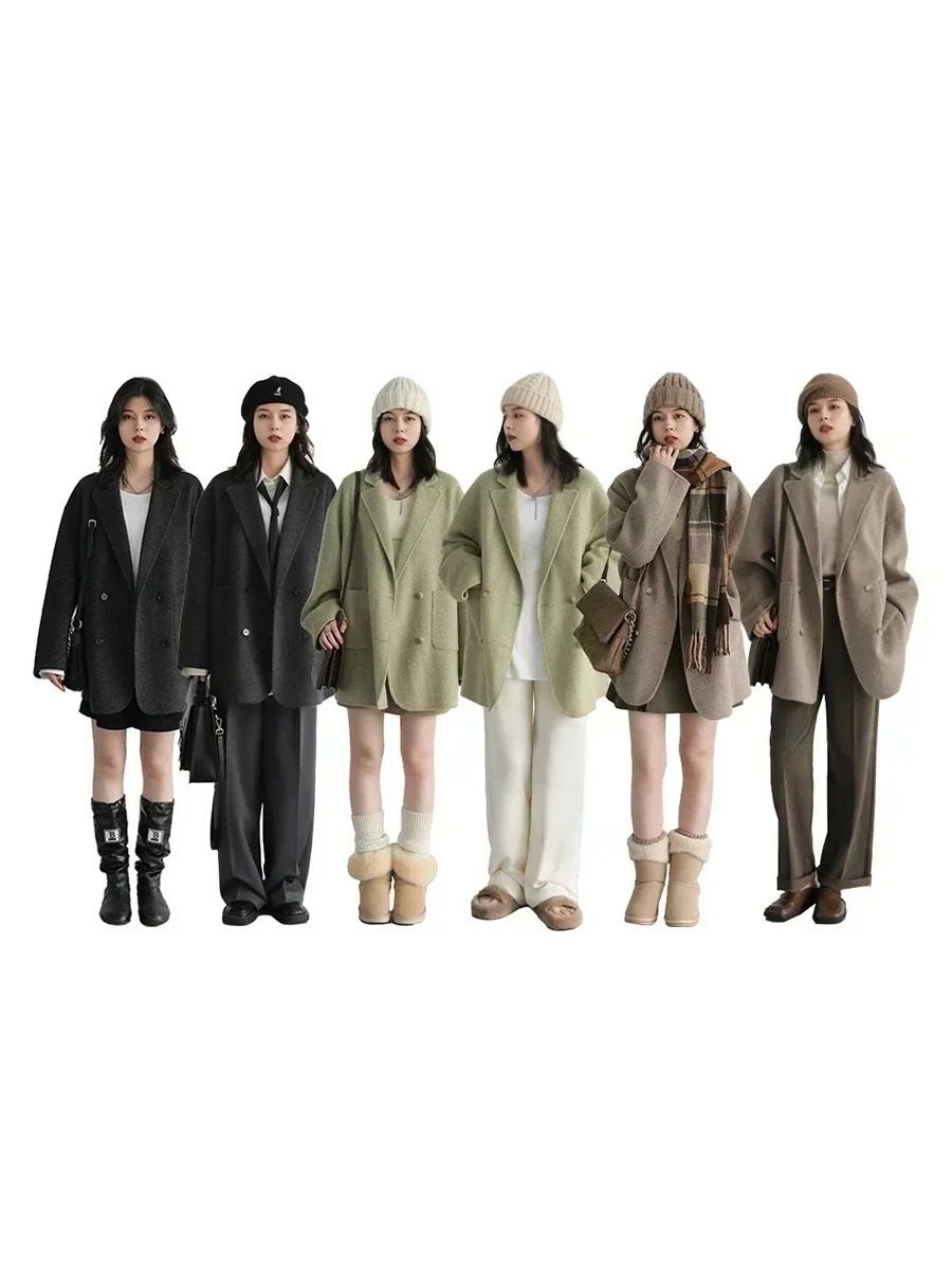 Womens Woolen Double Breasted Coat Loose Fit Retro Style Outerwear 1