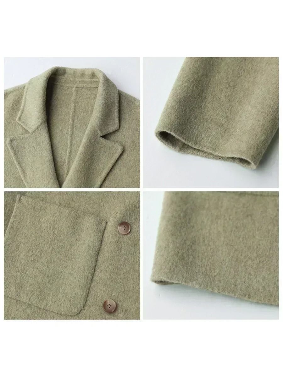 Womens Woolen Double Breasted Coat Loose Fit Retro Style Outerwear 2
